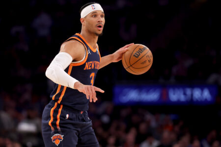 New York Knicks guard Josh Hart (3) controls the ball against the Utah Jazz during the first quarter at Madison Square Garden.