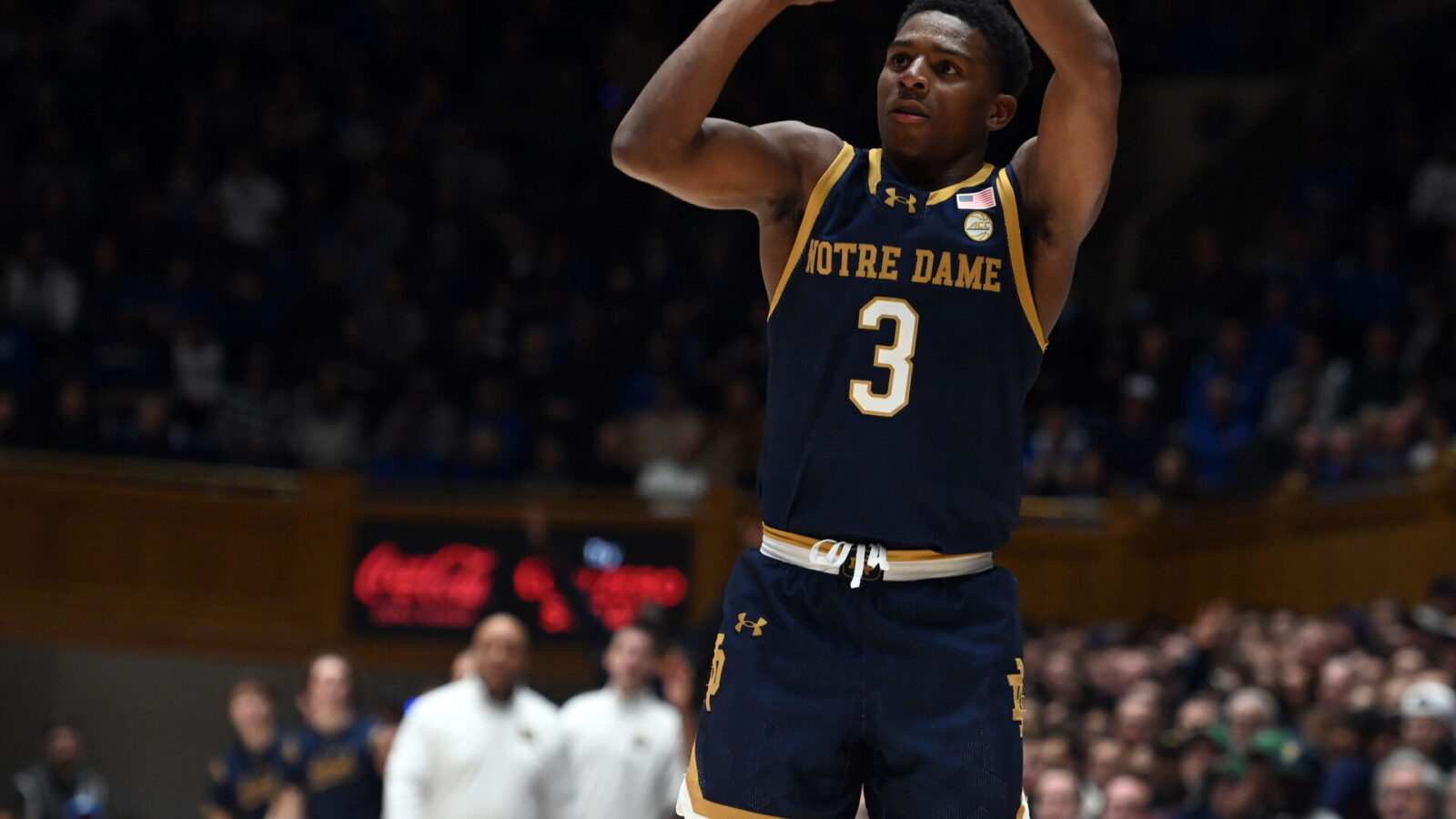 Feb 7, 2024; Durham, North Carolina, USA; Notre Dame Fighting Irish guard Markus Burton (3) shoots during the first half against the Duke Blue Devils at Cameron Indoor Stadium.