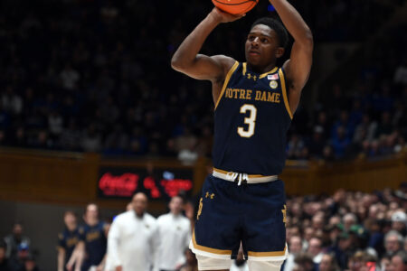 Feb 7, 2024; Durham, North Carolina, USA; Notre Dame Fighting Irish guard Markus Burton (3) shoots during the first half against the Duke Blue Devils at Cameron Indoor Stadium.