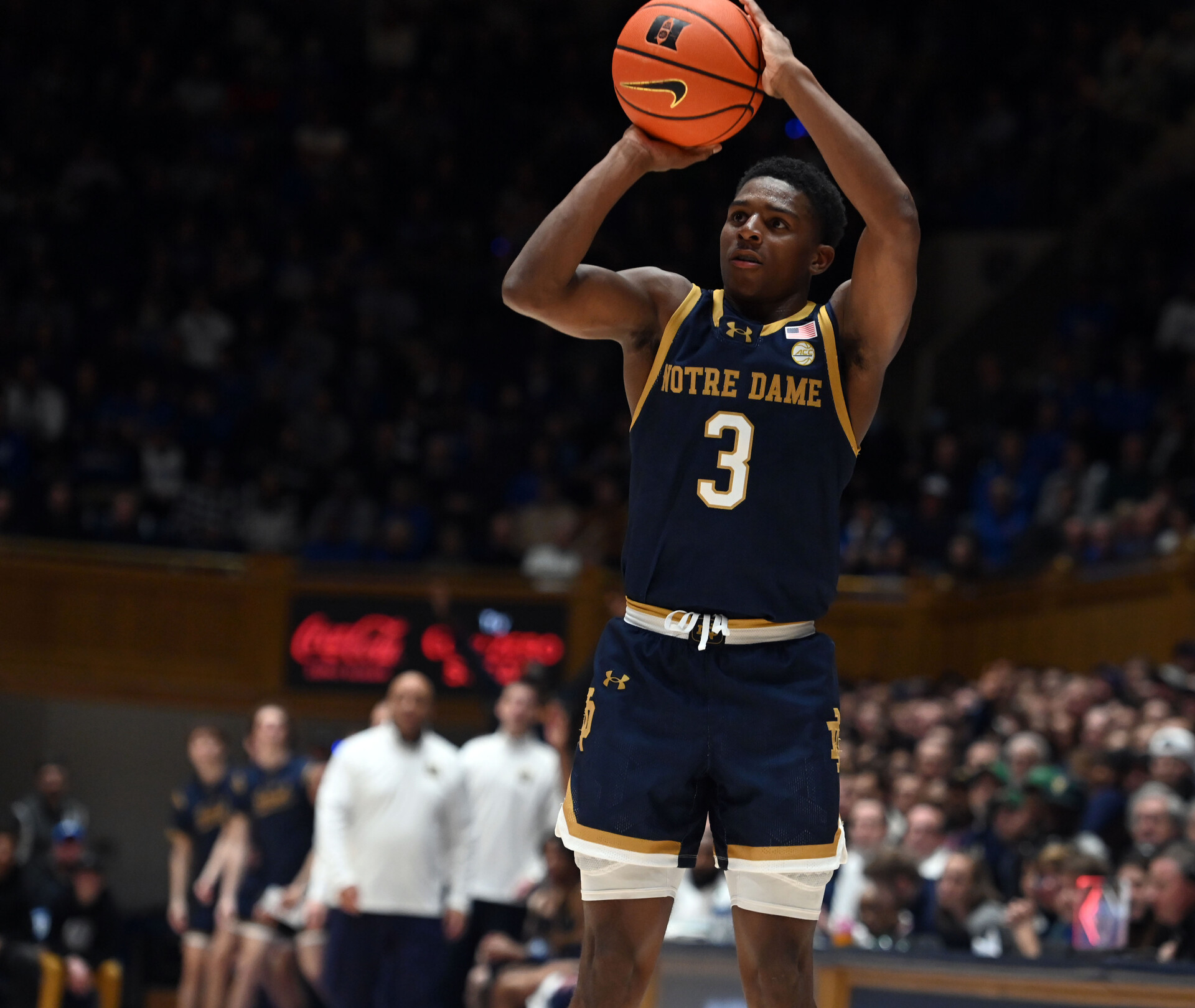 Feb 7, 2024; Durham, North Carolina, USA; Notre Dame Fighting Irish guard Markus Burton (3) shoots during the first half against the Duke Blue Devils at Cameron Indoor Stadium.