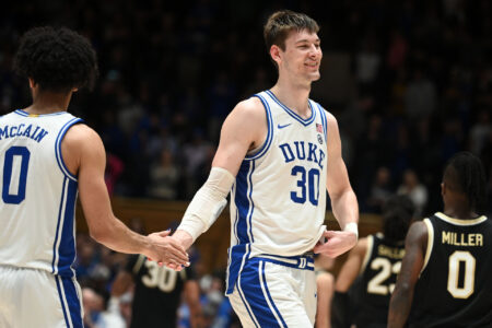 Feb 12, 2024; Durham, North Carolina, USA; Duke Blue Devils center Kyle Filipowski (30) reacts after beating the Wake Forest Deamon Deacons at Cameron Indoor Stadium. The Blue Devils won 77-69.
