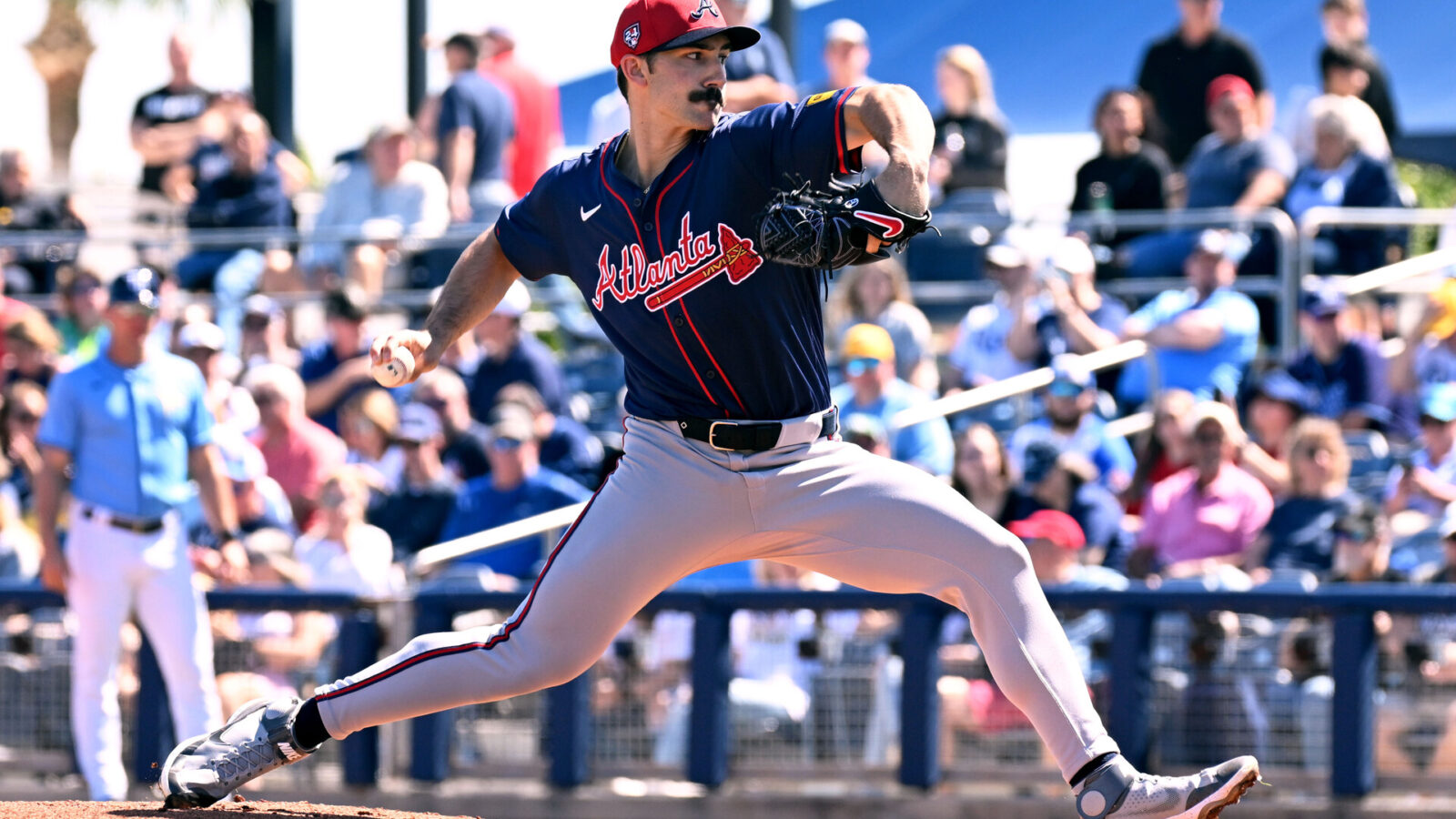 Feb 24, 2024; Port Charlotte, Florida, USA; Atlanta Braves pitcher Spencer Strider (99) throws a pitch in the first inning of a spring training game against the Tampa Bay Rays at Charlotte Sports Park.
