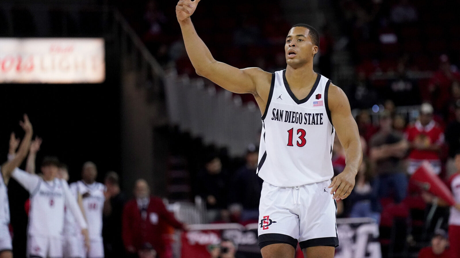 Feb 24, 2024; Fresno, California, USA; San Diego State Aztecs forward Jaedon LeDee (13) reacts after making a three point basket against the Fresno State Bulldogs in the first half at the Save Mart Center.