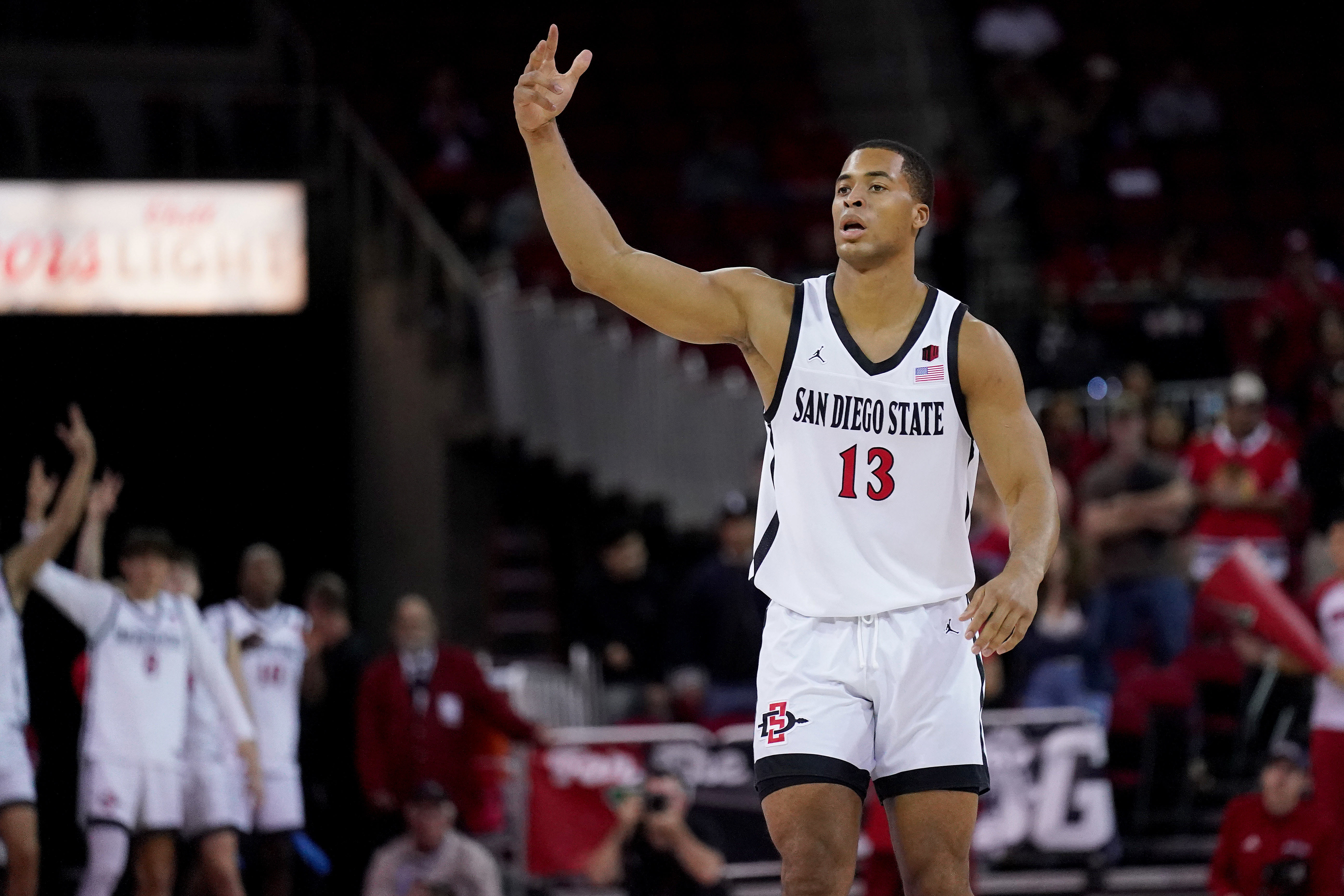 Feb 24, 2024; Fresno, California, USA; San Diego State Aztecs forward Jaedon LeDee (13) reacts after making a three point basket against the Fresno State Bulldogs in the first half at the Save Mart Center.