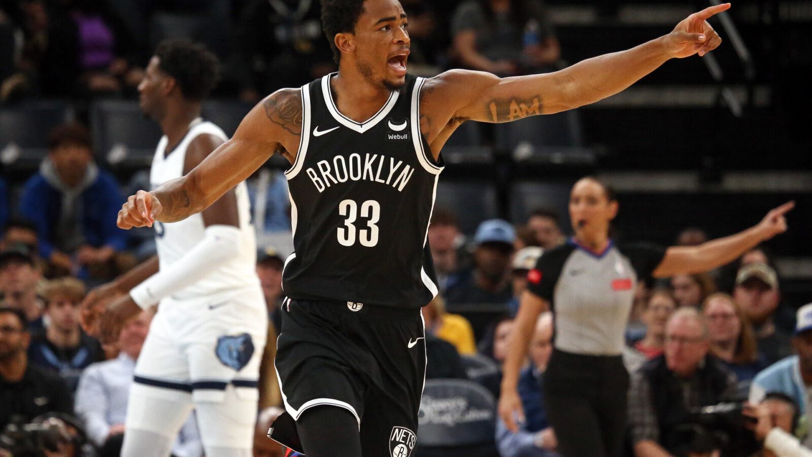 Brooklyn Nets center Nic Claxton (33) reacts after a basket during the first half against the Memphis Grizzlies at FedExForum.