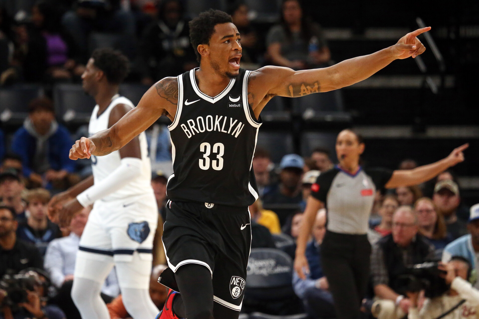 Brooklyn Nets center Nic Claxton (33) reacts after a basket during the first half against the Memphis Grizzlies at FedExForum.
