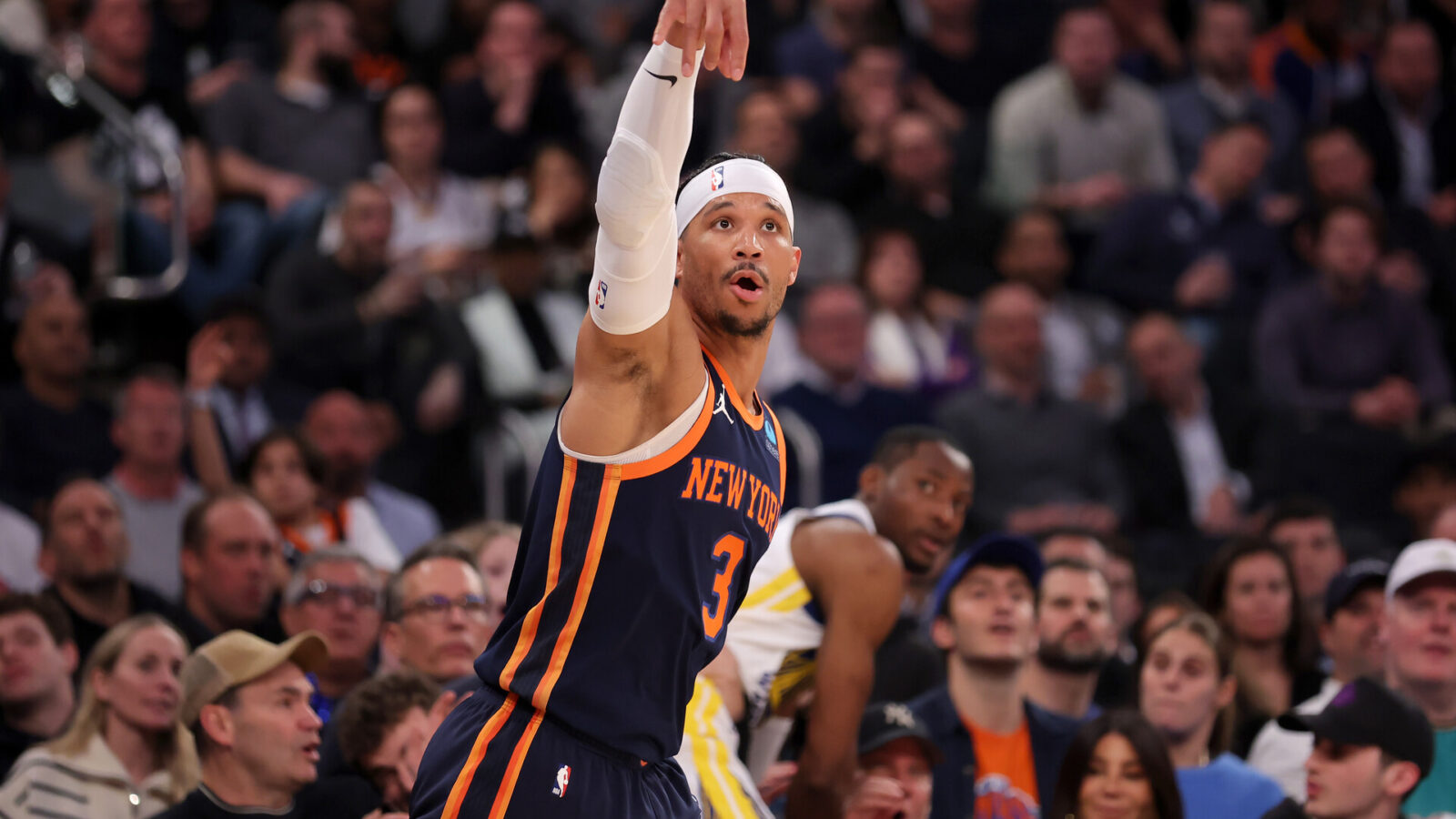 Feb 29, 2024; New York, New York, USA; New York Knicks guard Josh Hart (3) watches his three point shot against the Golden State Warriors during the first quarter at Madison Square Garden.