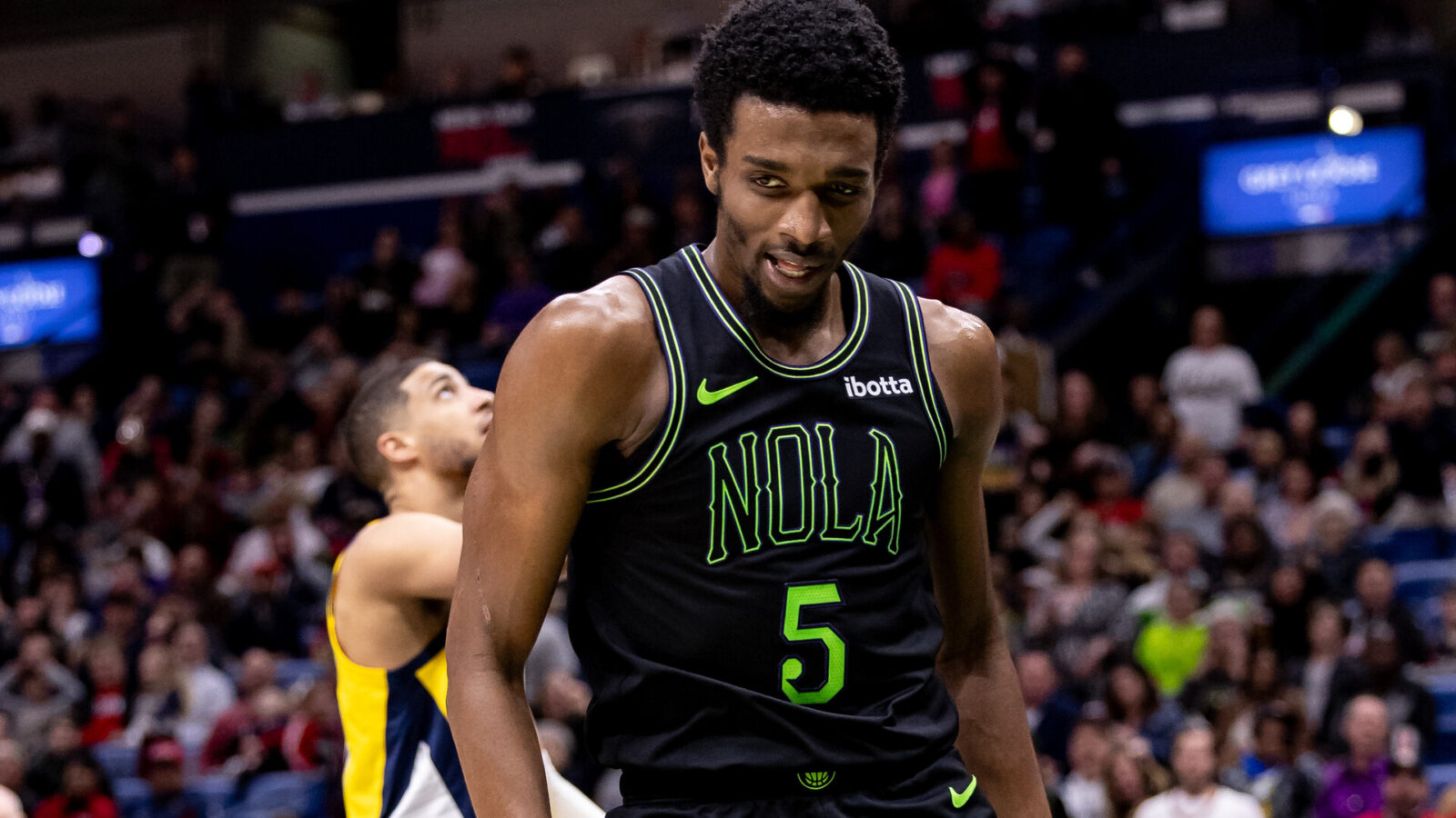 Mar 1, 2024; New Orleans, Louisiana, USA; New Orleans Pelicans forward Herbert Jones (5) reacts to a play against the Indiana Pacers during the second half at Smoothie King Center.