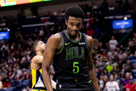 Mar 1, 2024; New Orleans, Louisiana, USA; New Orleans Pelicans forward Herbert Jones (5) reacts to a play against the Indiana Pacers during the second half at Smoothie King Center.