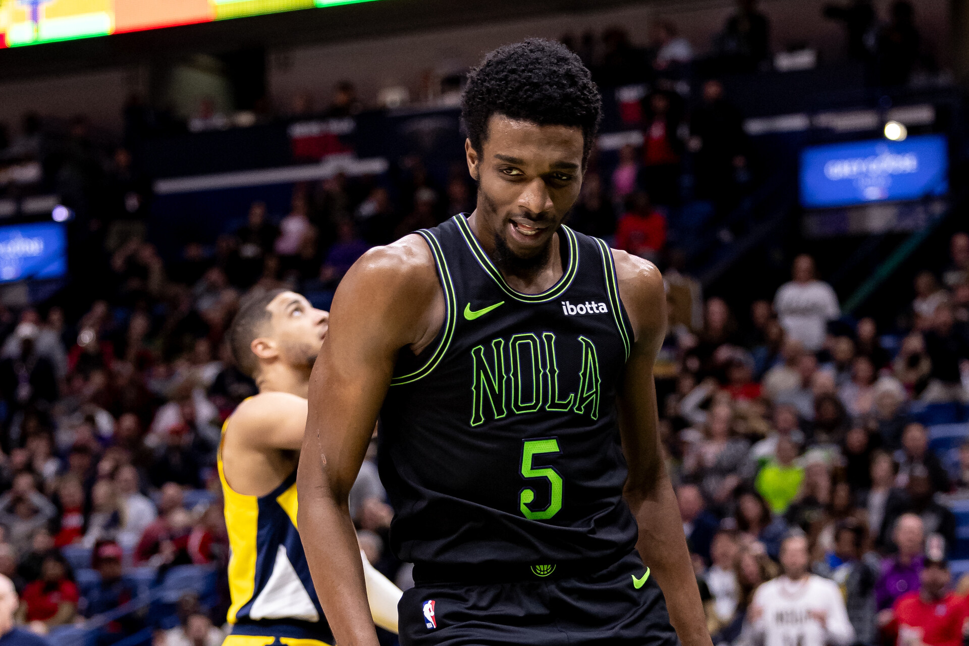Mar 1, 2024; New Orleans, Louisiana, USA; New Orleans Pelicans forward Herbert Jones (5) reacts to a play against the Indiana Pacers during the second half at Smoothie King Center.