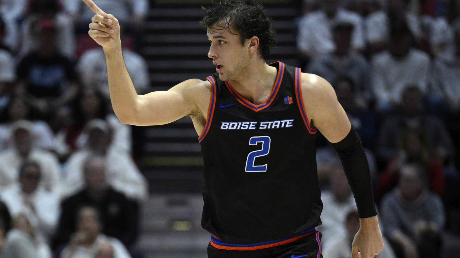 Mar 8, 2024; San Diego, California, USA; Boise State Broncos forward Tyson Degenhart (2) gestures after a basket against the San Diego State Aztecs during the first half at Viejas Arena.