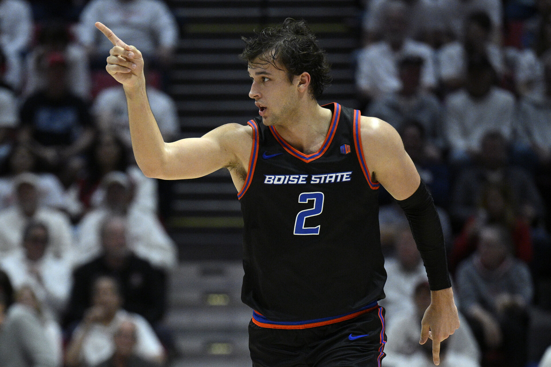 Mar 8, 2024; San Diego, California, USA; Boise State Broncos forward Tyson Degenhart (2) gestures after a basket against the San Diego State Aztecs during the first half at Viejas Arena.