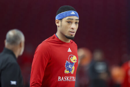 Mar 9, 2024; Houston, Texas, USA; Kansas Jayhawks guard Dajuan Harris Jr. (3) before the game against the Houston Cougars at Fertitta Center.