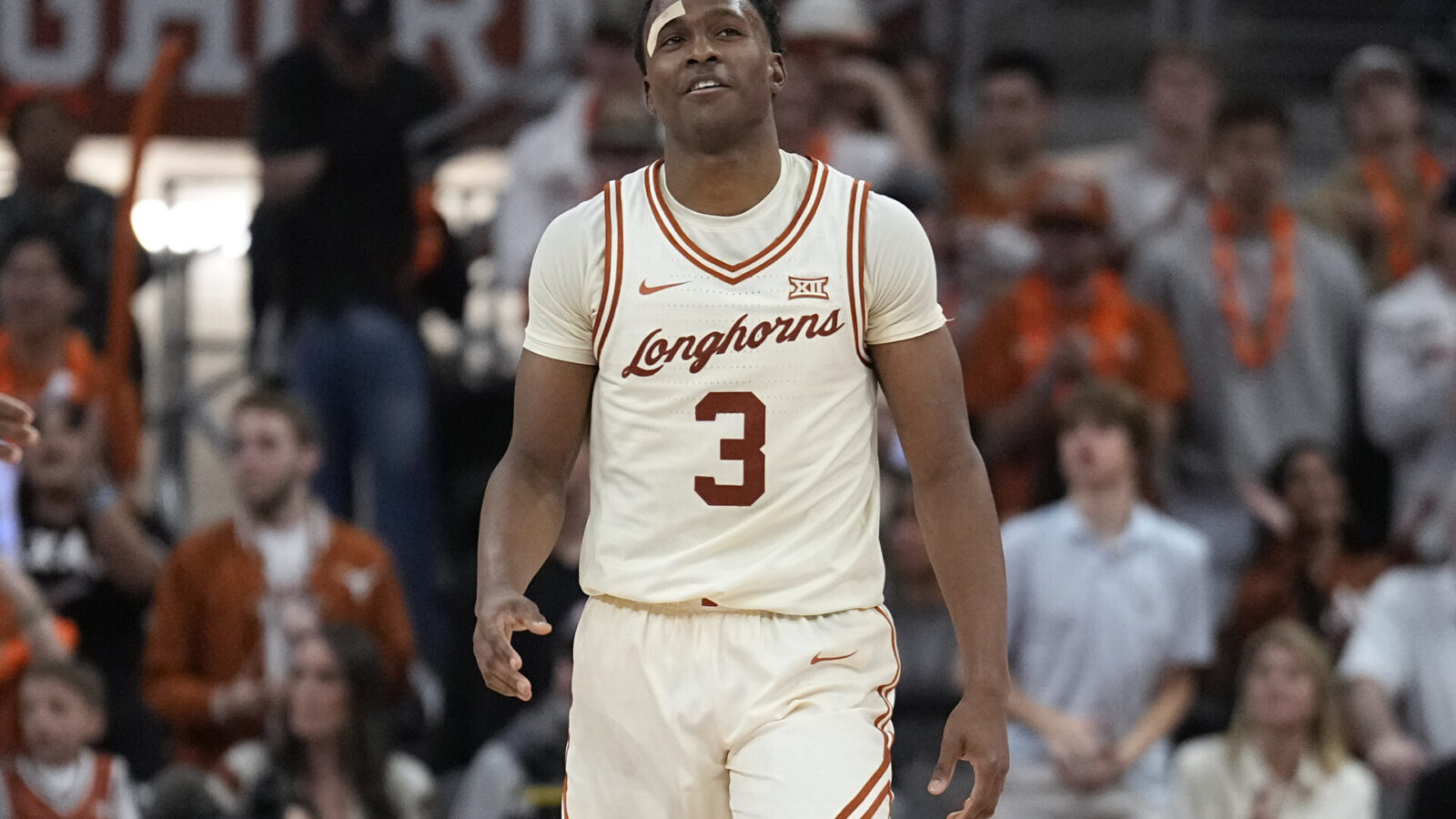 Mar 9, 2024; Austin, Texas, USA; Texas Longhorns guard Max Abmas (3) reacts after scoring during the second half against the Oklahoma Sooners at Moody Center.