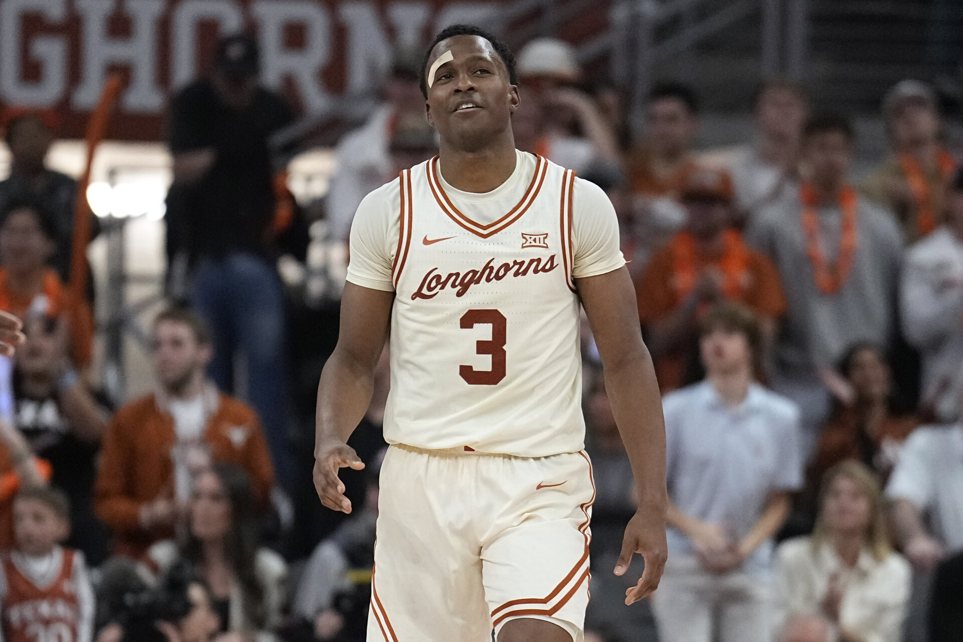 Mar 9, 2024; Austin, Texas, USA; Texas Longhorns guard Max Abmas (3) reacts after scoring during the second half against the Oklahoma Sooners at Moody Center.
