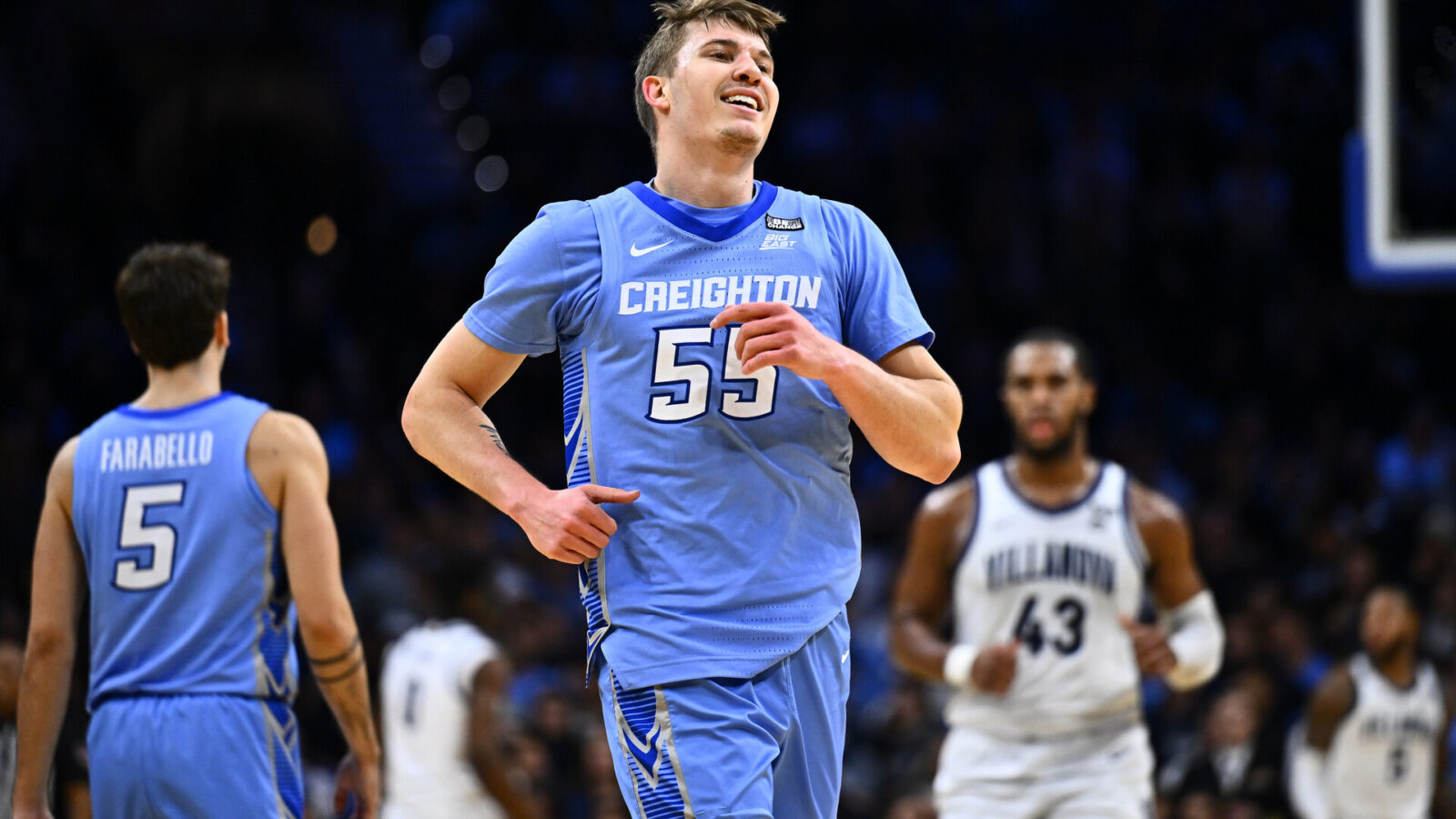 Mar 9, 2024; Philadelphia, Pennsylvania, USA; Creighton Bluejays guard Baylor Scheierman (55) reacts against the Villanova Wildcats in the second half at Wells Fargo Center.