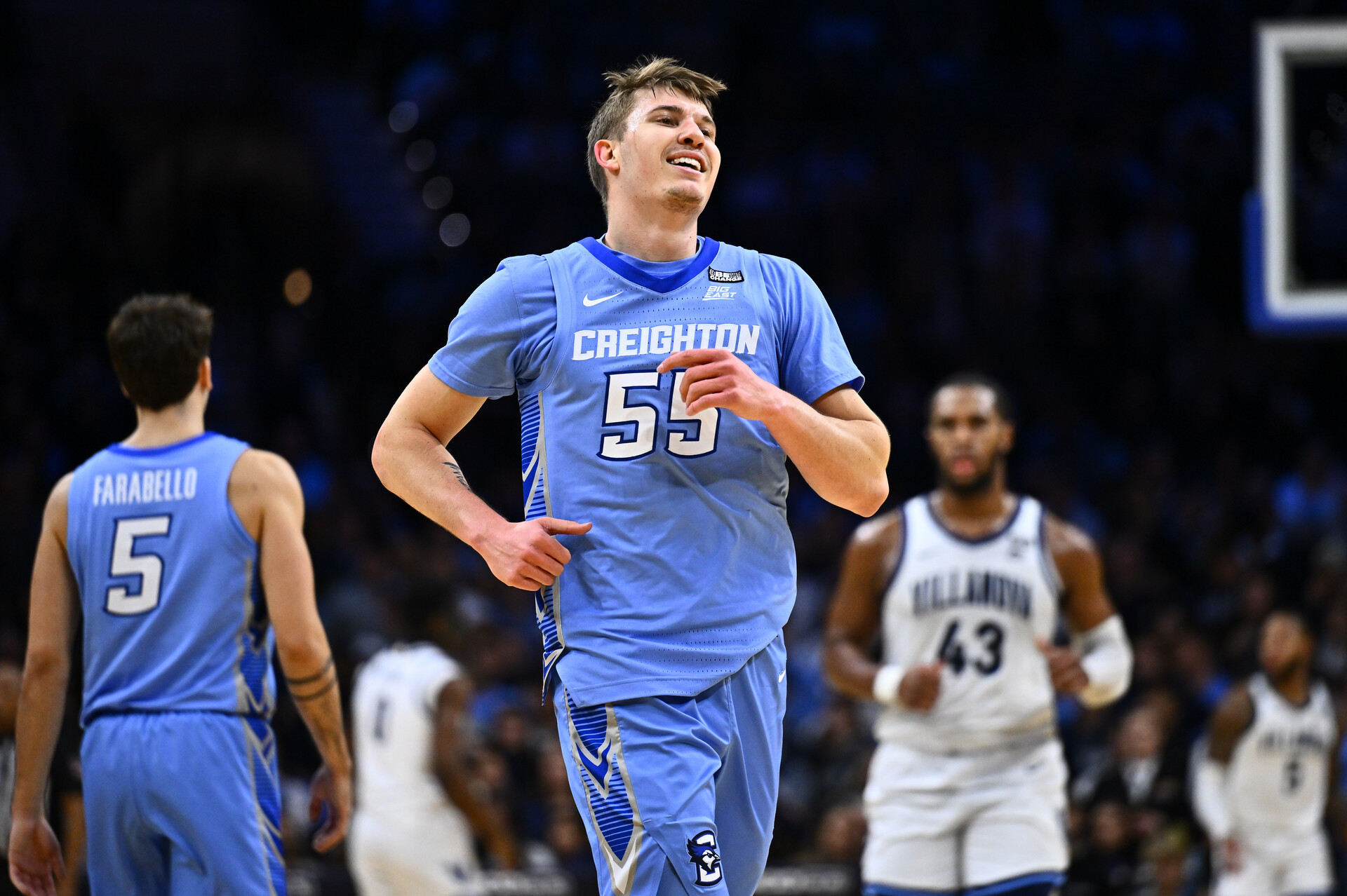 Mar 9, 2024; Philadelphia, Pennsylvania, USA; Creighton Bluejays guard Baylor Scheierman (55) reacts against the Villanova Wildcats in the second half at Wells Fargo Center.