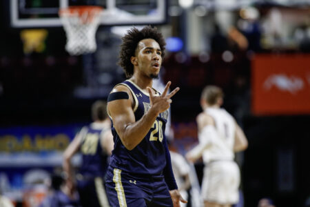 Mar 13, 2024; Boise, ID, USA; Montana State Bobcats guard Robert Ford III (20) reacts during the first half against the Montana Grizzlies at Idaho Central Arena.