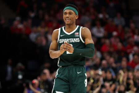 Mar 15, 2024; Minneapolis, MN, USA; Michigan State Spartans guard Tyson Walker (2) reacts to a missed basket against the Purdue Boilermakers during the second half at Target Center.