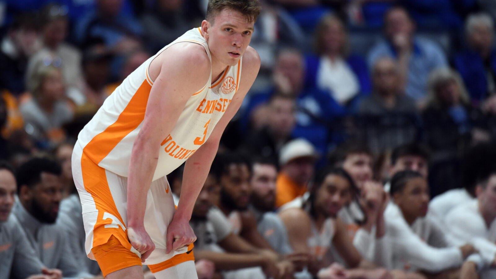 Mar 15, 2024; Nashville, TN, USA; Tennessee Volunteers guard Dalton Knecht (3) looks on from the sideline during the second half against the Mississippi State Bulldogs at Bridgestone Arena.