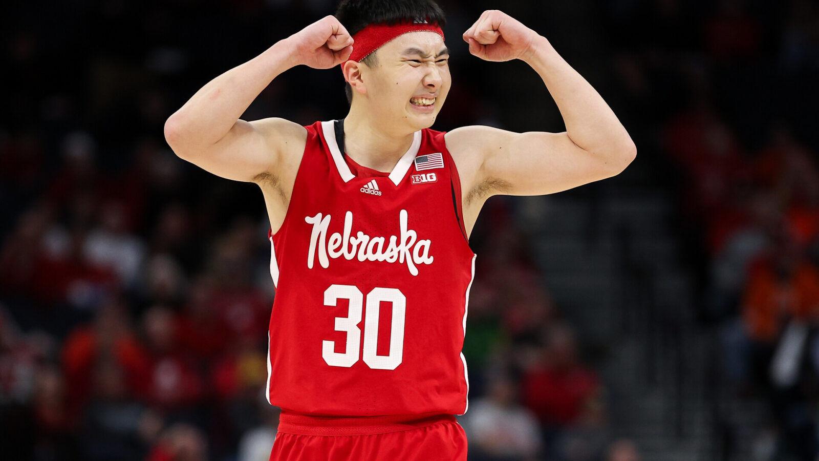Mar 16, 2024; Minneapolis, MN, USA; Nebraska Cornhuskers guard Keisei Tominaga (30) reacts during the second half against the Illinois Fighting Illini at Target Center.
