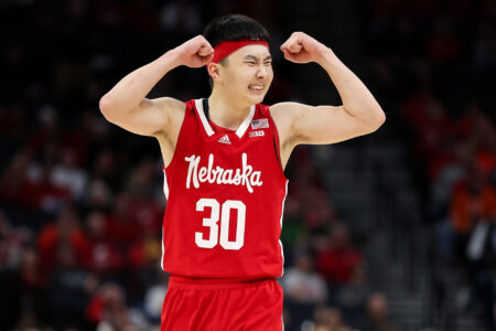 Mar 16, 2024; Minneapolis, MN, USA; Nebraska Cornhuskers guard Keisei Tominaga (30) reacts during the second half against the Illinois Fighting Illini at Target Center.