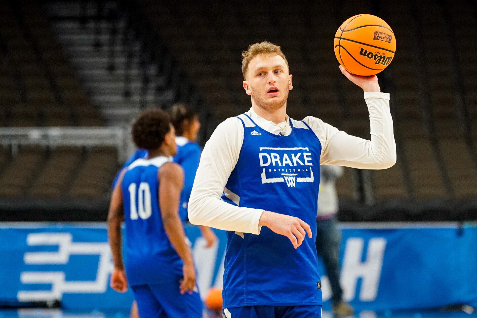 Mar 20, 2024; Omaha, NE, USA; Drake Bulldogs guard Tucker DeVries (12) warms up during the NCAA first round practice session at CHI Health Center Omaha.