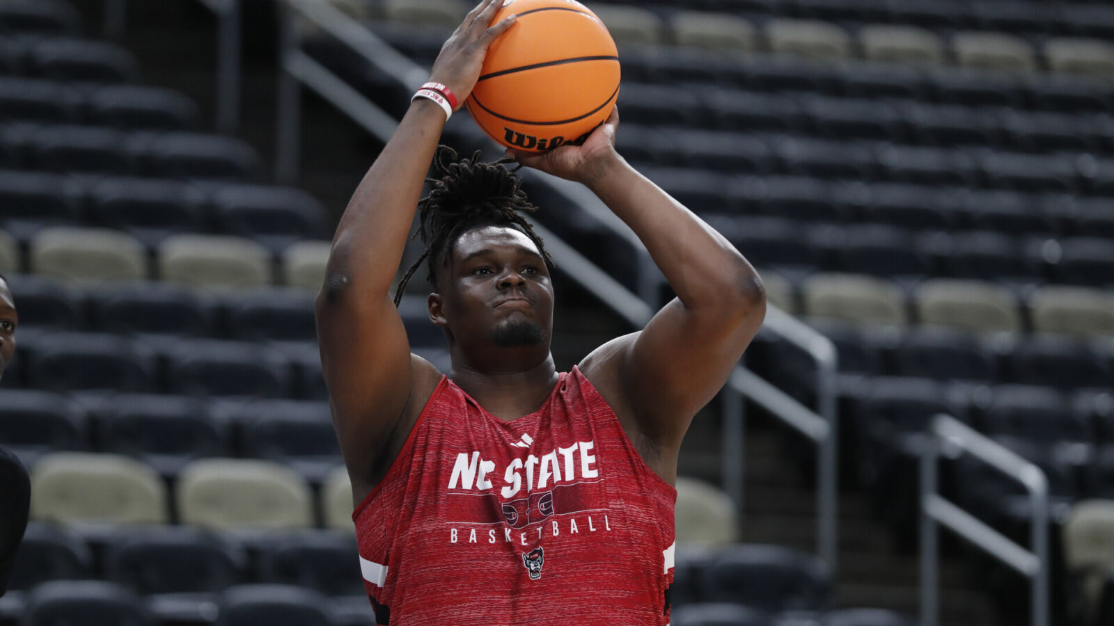 Mar 20, 2024; Pittsburgh, PA, USA; North Carolina State Wolfpack forward DJ Burns Jr. (30) during practice before their 2024 NCAA Tournament First Round game at PPG Paints Arena.