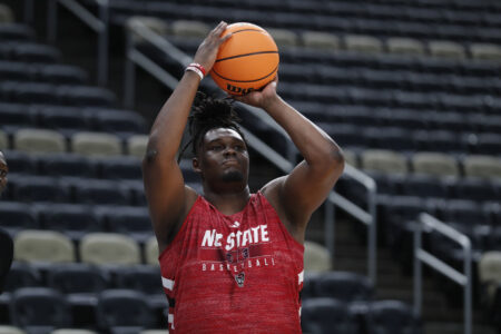 Mar 20, 2024; Pittsburgh, PA, USA; North Carolina State Wolfpack forward DJ Burns Jr. (30) during practice before their 2024 NCAA Tournament First Round game at PPG Paints Arena.
