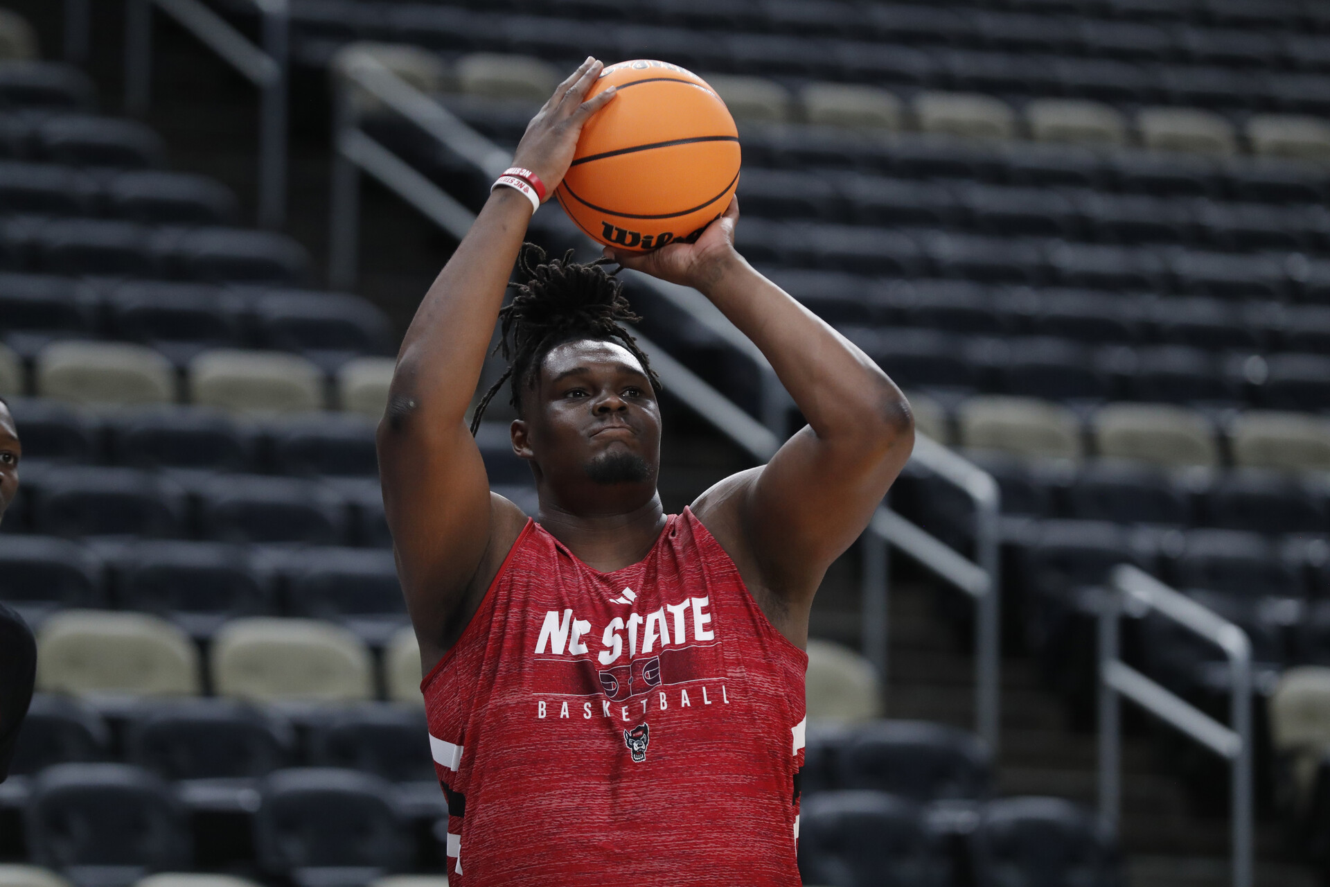 Mar 20, 2024; Pittsburgh, PA, USA; North Carolina State Wolfpack forward DJ Burns Jr. (30) during practice before their 2024 NCAA Tournament First Round game at PPG Paints Arena.