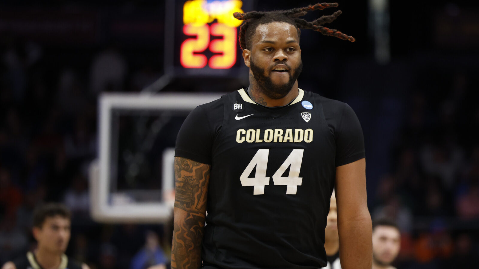 Mar 20, 2024; Dayton, OH, USA; Colorado Buffaloes center Eddie Lampkin Jr. (44) celebrates a play in the second half against the Boise State Broncos at UD Arena.
