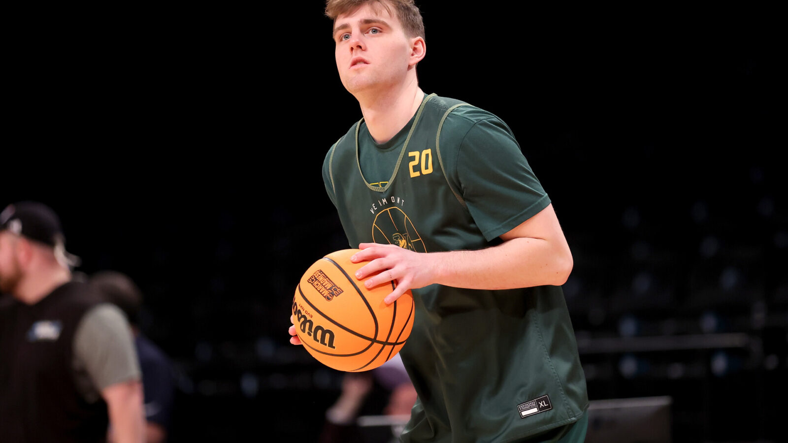 Mar 21, 2024; Brooklyn, NY, USA; Vermont Catamounts guard TJ Long (20) looks to shoot the ball during team practice at Barclays Center.