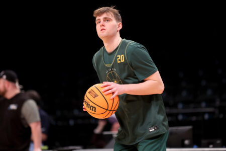Mar 21, 2024; Brooklyn, NY, USA; Vermont Catamounts guard TJ Long (20) looks to shoot the ball during team practice at Barclays Center.