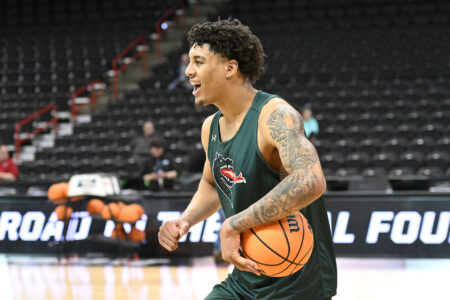 Mar 21, 2024; Spokane, WA, USA; University of Alabama at Birmingham Blazers forward Yaxel Lendeborg (3) during practice day at Spokane Veterans Memorial Arena.