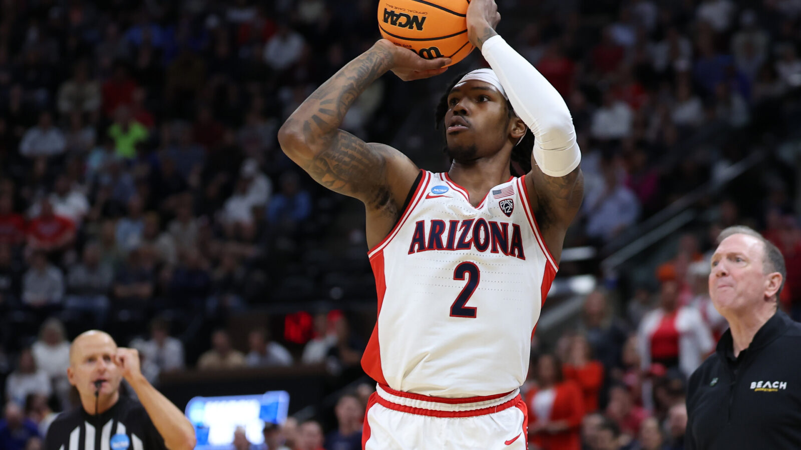 Mar 21, 2024; Salt Lake City, UT, USA; Arizona Wildcats guard Caleb Love (2) shoots the ball during the first half against Arizona Wildcats in the first round of the 2024 NCAA Tournament at Vivint Smart Home Arena-Delta Center.