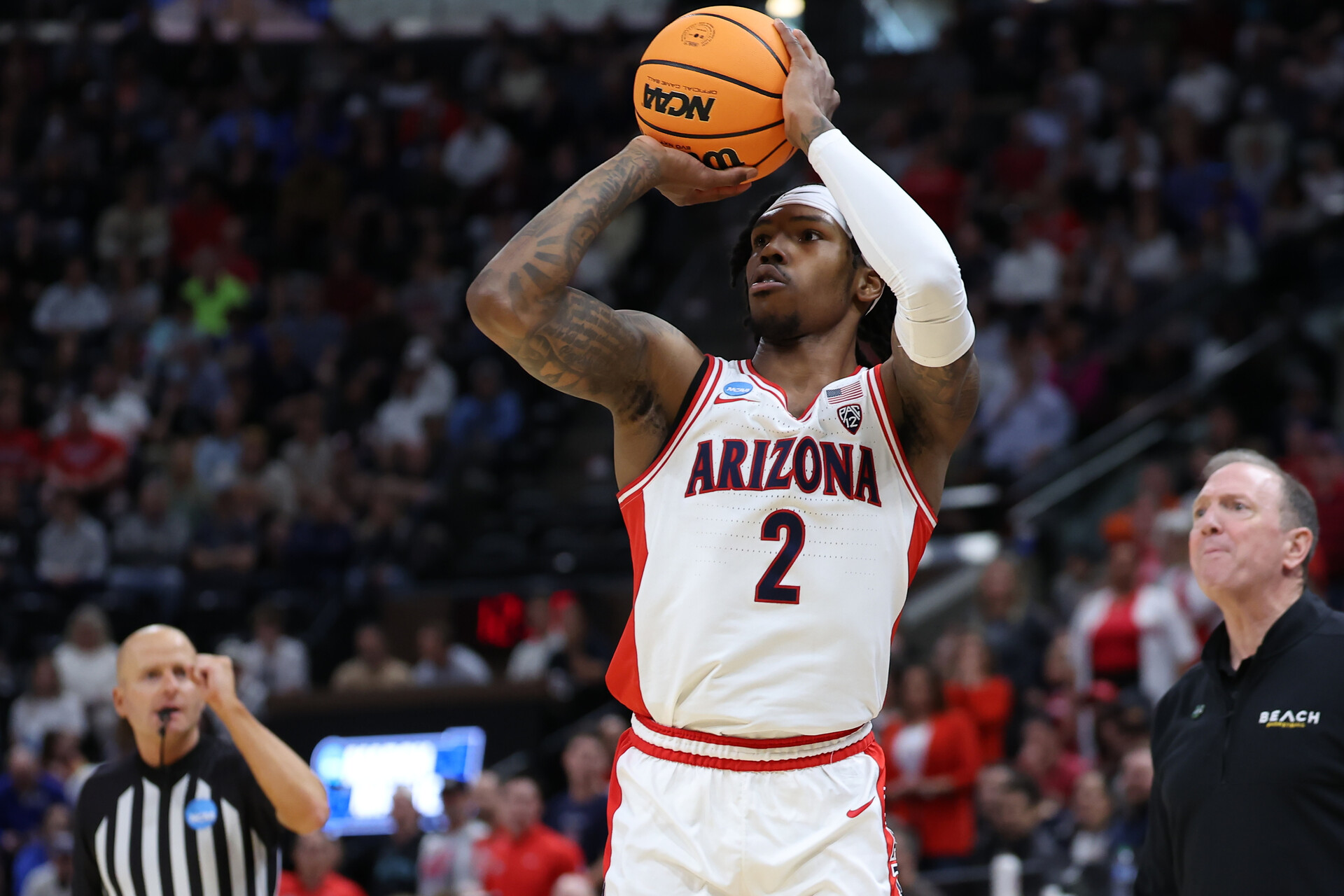 Mar 21, 2024; Salt Lake City, UT, USA; Arizona Wildcats guard Caleb Love (2) shoots the ball during the first half against Arizona Wildcats in the first round of the 2024 NCAA Tournament at Vivint Smart Home Arena-Delta Center.