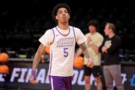 Mar 21, 2024; Brooklyn, NY, USA; James Madison Dukes guard Terrence Edwards Jr. (5) reacts during team practice at Barclays Center.