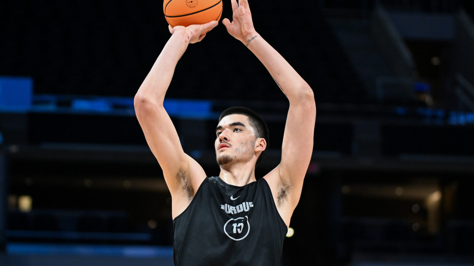 Mar 21, 2024; Indianapolis, IN, USA; Purdue Boilermakers center Zach Edey (15) shoots the ball during the NCAA tournament practice day at Gainbridge FieldHouse.