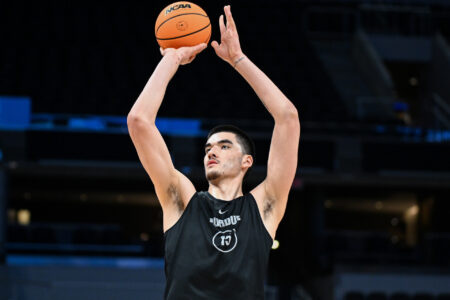 Mar 21, 2024; Indianapolis, IN, USA; Purdue Boilermakers center Zach Edey (15) shoots the ball during the NCAA tournament practice day at Gainbridge FieldHouse.