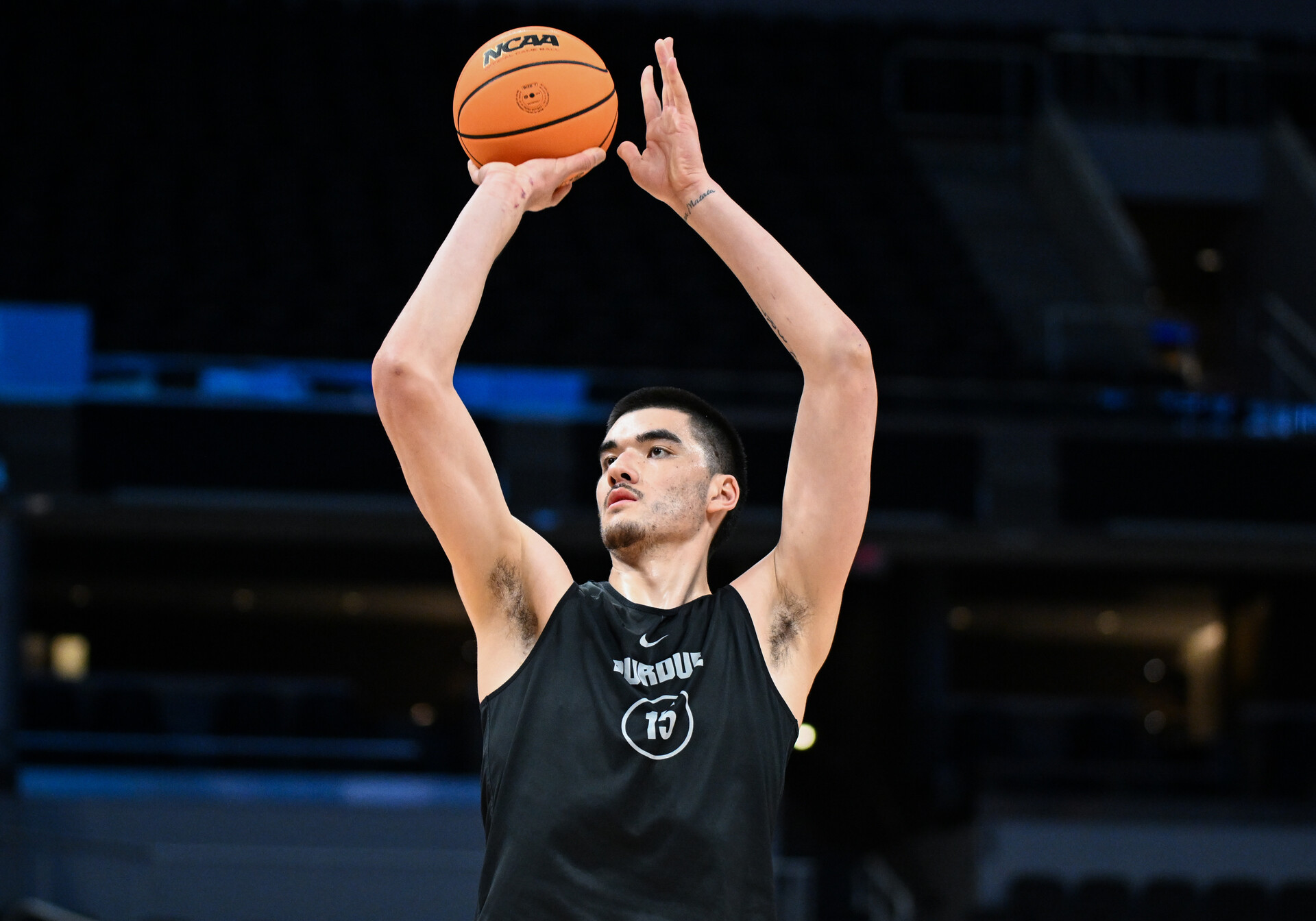 Mar 21, 2024; Indianapolis, IN, USA; Purdue Boilermakers center Zach Edey (15) shoots the ball during the NCAA tournament practice day at Gainbridge FieldHouse.