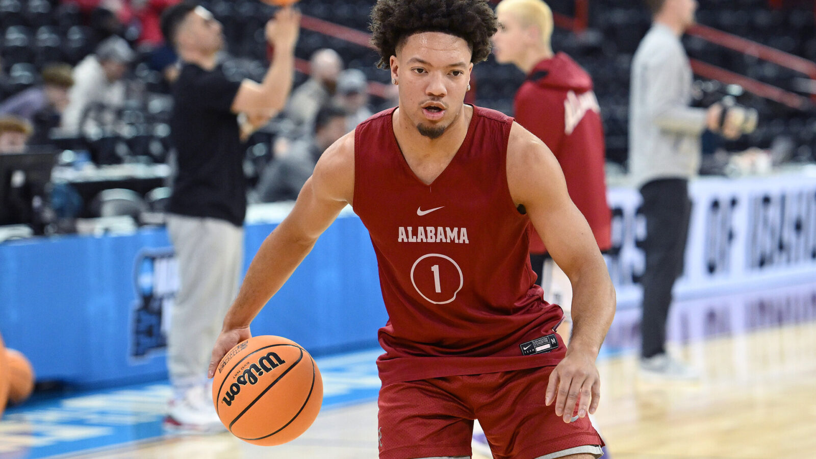 Mar 21, 2024; Spokane, WA, USA; Alabama Crimson Tide guard Mark Sears (1) during practice at Spokane Veterans Memorial Arena.
