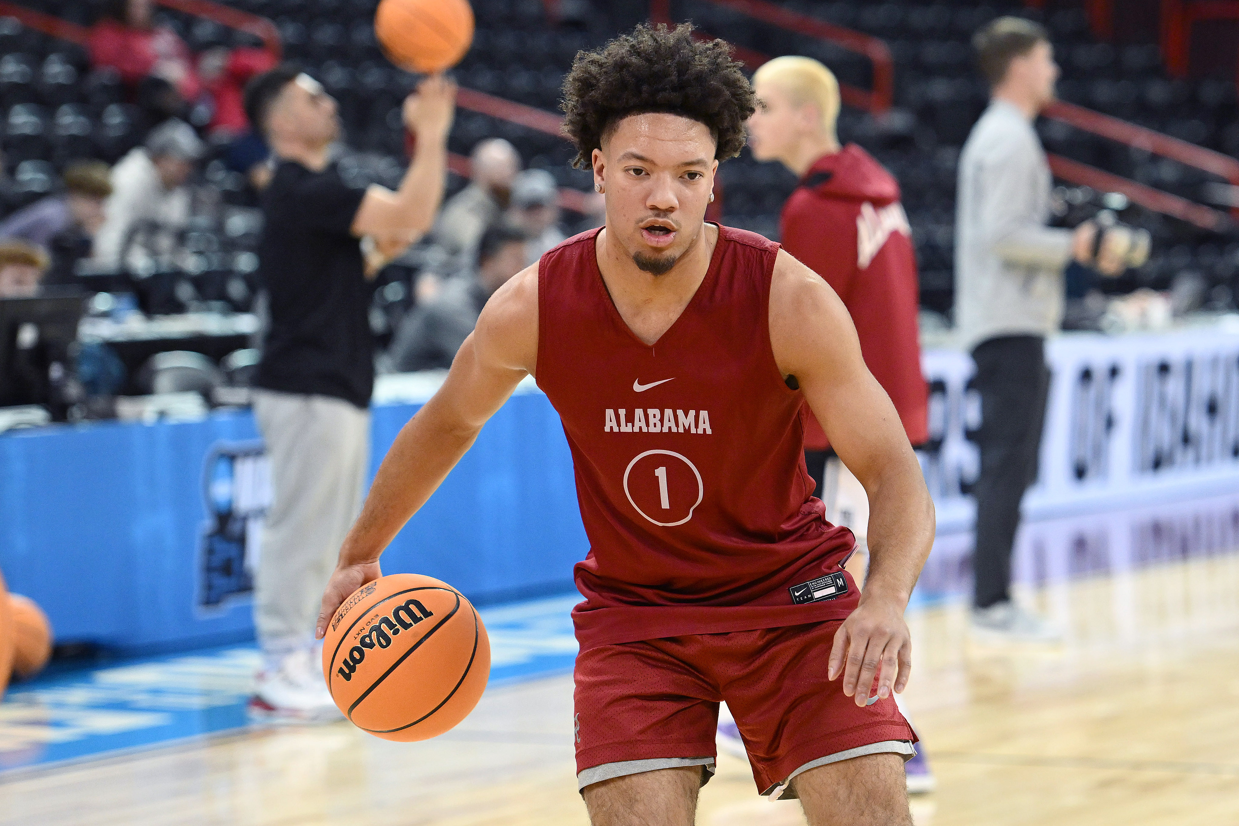Mar 21, 2024; Spokane, WA, USA; Alabama Crimson Tide guard Mark Sears (1) during practice at Spokane Veterans Memorial Arena.