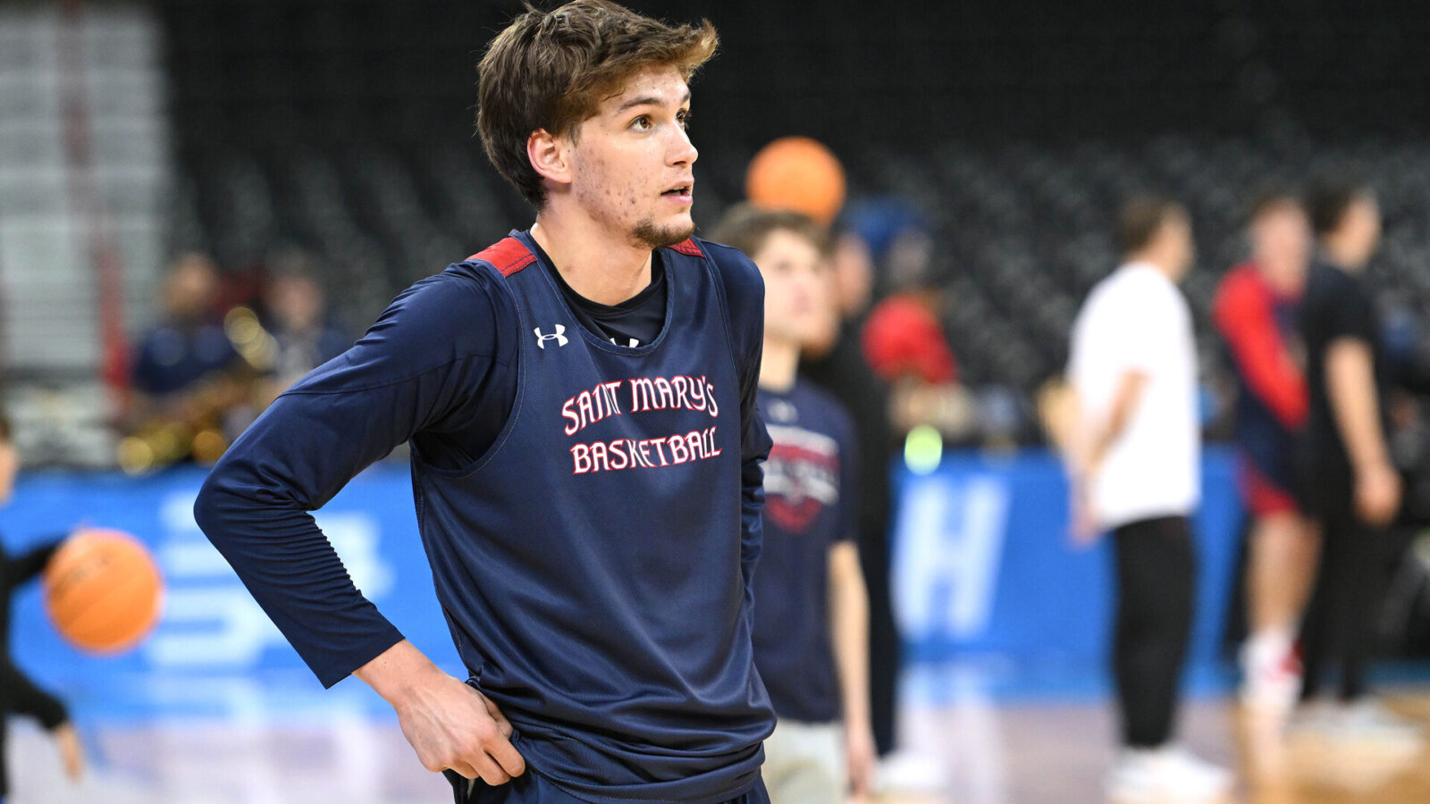 Mar 21, 2024; Spokane, WA, USA; St. Mary's Gaels guard Aidan Mahaney (20) during practice at Spokane Veterans Memorial Arena.