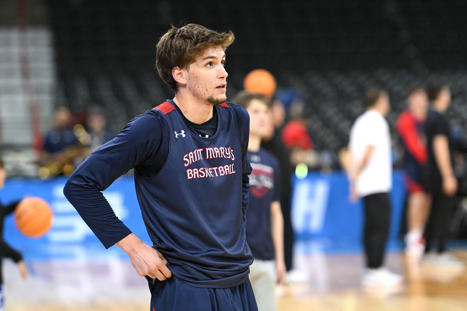 Mar 21, 2024; Spokane, WA, USA; St. Mary's Gaels guard Aidan Mahaney (20) during practice at Spokane Veterans Memorial Arena.