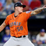 Houston Astros pitcher Hunter Brown (58) throws during the fourth inning in game four of the ALCS against the Texas Rangers for the 2023 MLB playoffs at Globe Life Field.