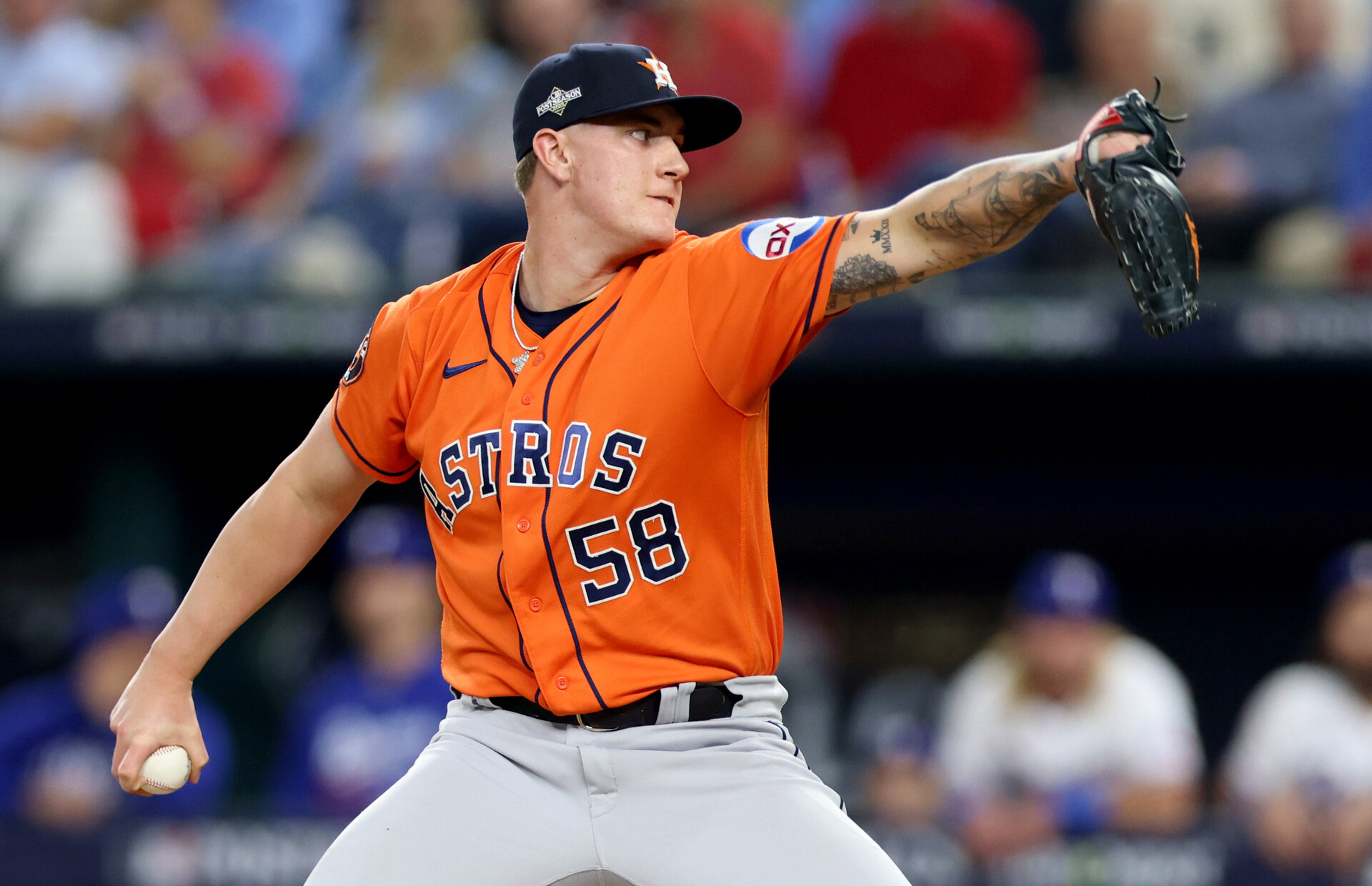 Houston Astros pitcher Hunter Brown (58) throws during the fourth inning in game four of the ALCS against the Texas Rangers for the 2023 MLB playoffs at Globe Life Field.