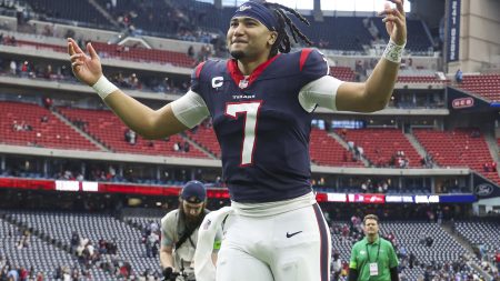 Dec 31, 2023; Houston, Texas, USA; Houston Texans quarterback C.J. Stroud (7) jogs off the field after the game against the Tennessee Titans at NRG Stadium.