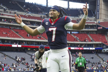 Dec 31, 2023; Houston, Texas, USA; Houston Texans quarterback C.J. Stroud (7) jogs off the field after the game against the Tennessee Titans at NRG Stadium.