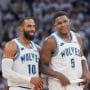NBA DFS CHEAT SHEET TODAY 12/4 - Minnesota Timberwolves guard Mike Conley (10) and guard Anthony Edwards (5) talk against the Denver Nuggets in the fourth quarter during game six of the second round for the 2024 NBA playoffs at Target Center.