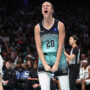 New York Liberty guard Sabrina Ionescu (20) celebrates after getting fouled on a made basket in the fourth quarter against the Indiana Fever at Barclays Center.